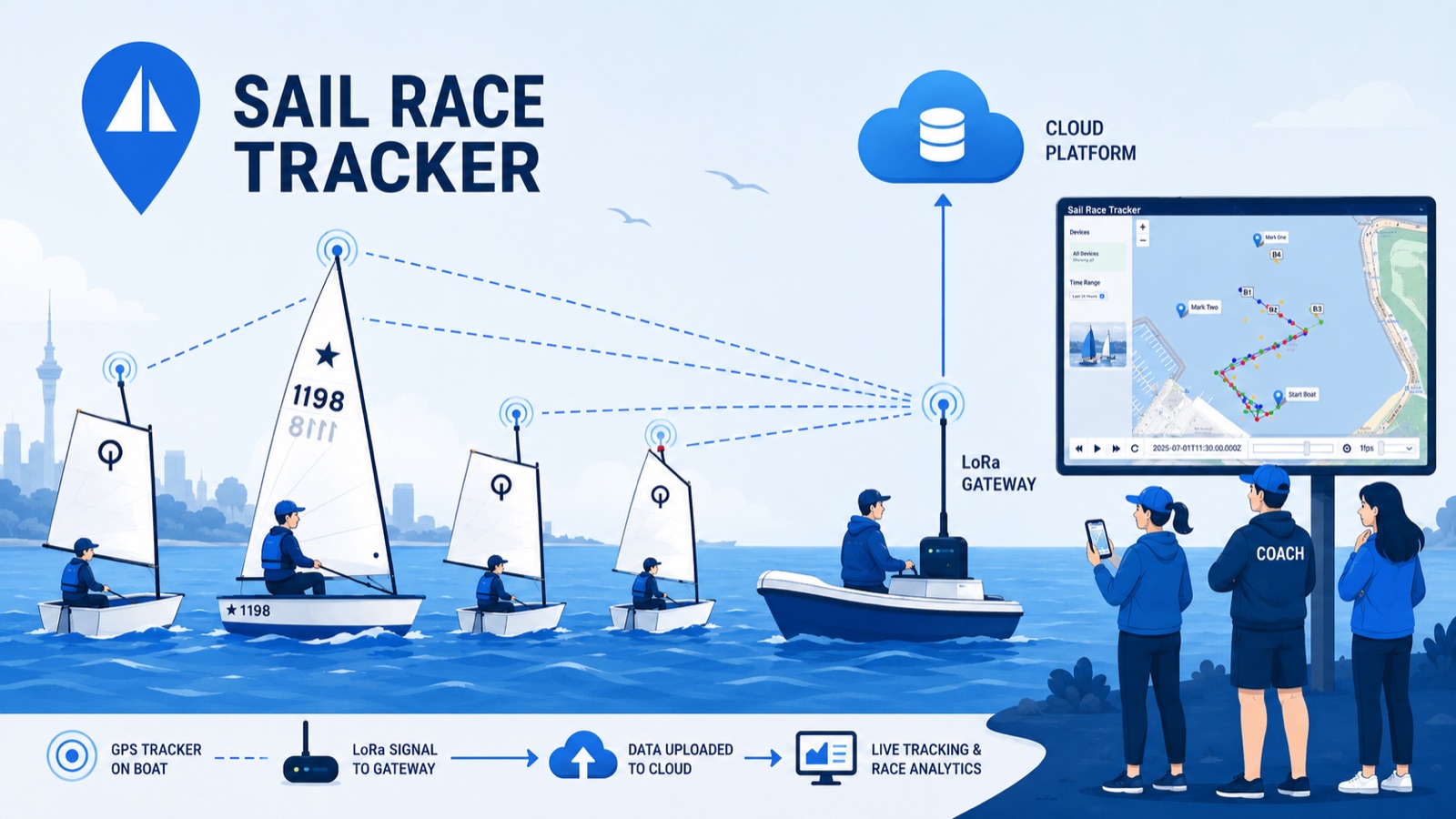 Illustration of a youth sailing fleet on the water being followed from the shore, the problem Sail Race Tracker solves.