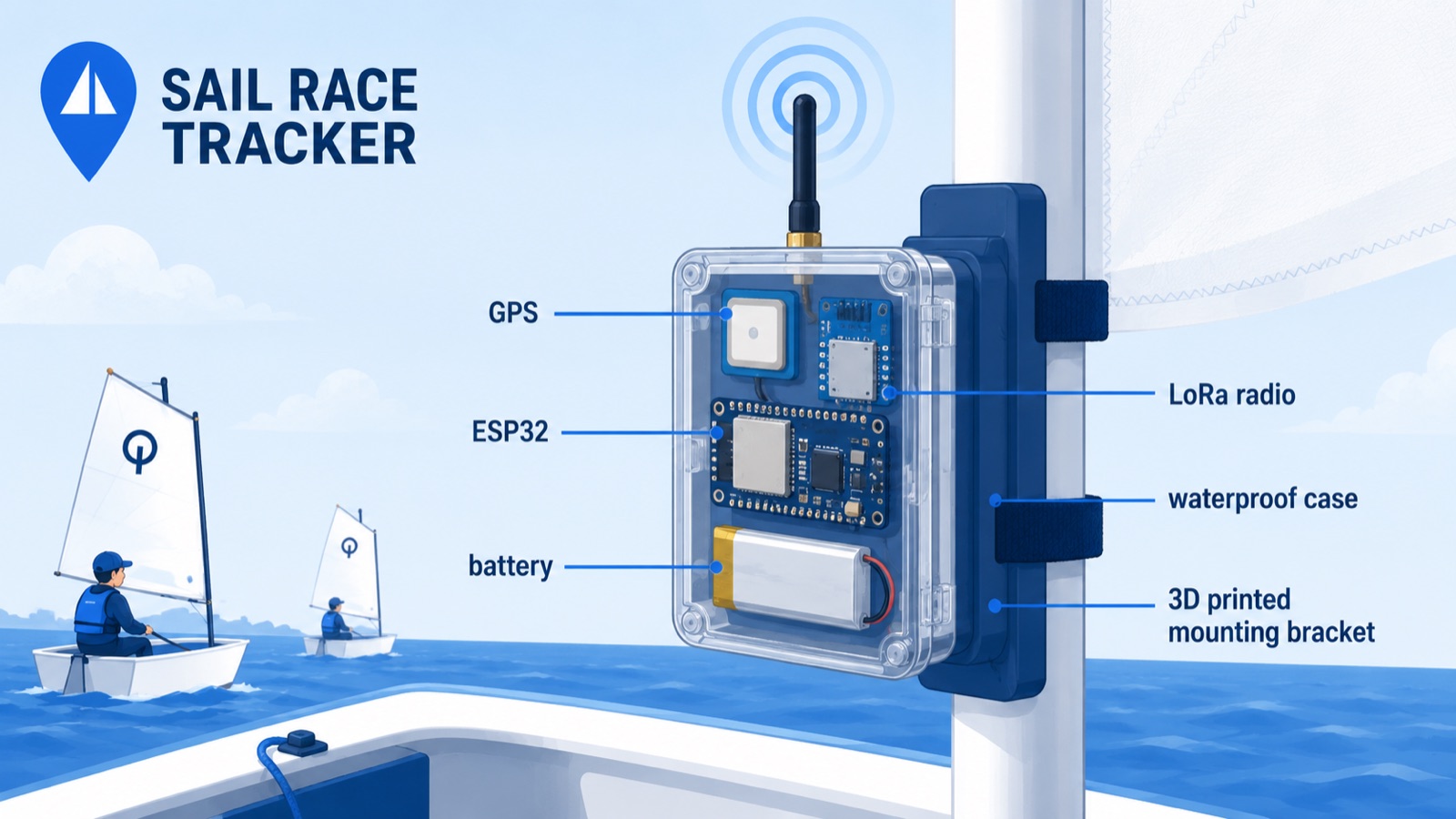 The boat tracker device: an ESP32 microcontroller, GPS module, LoRa radio and LiPo battery in a waterproof case.