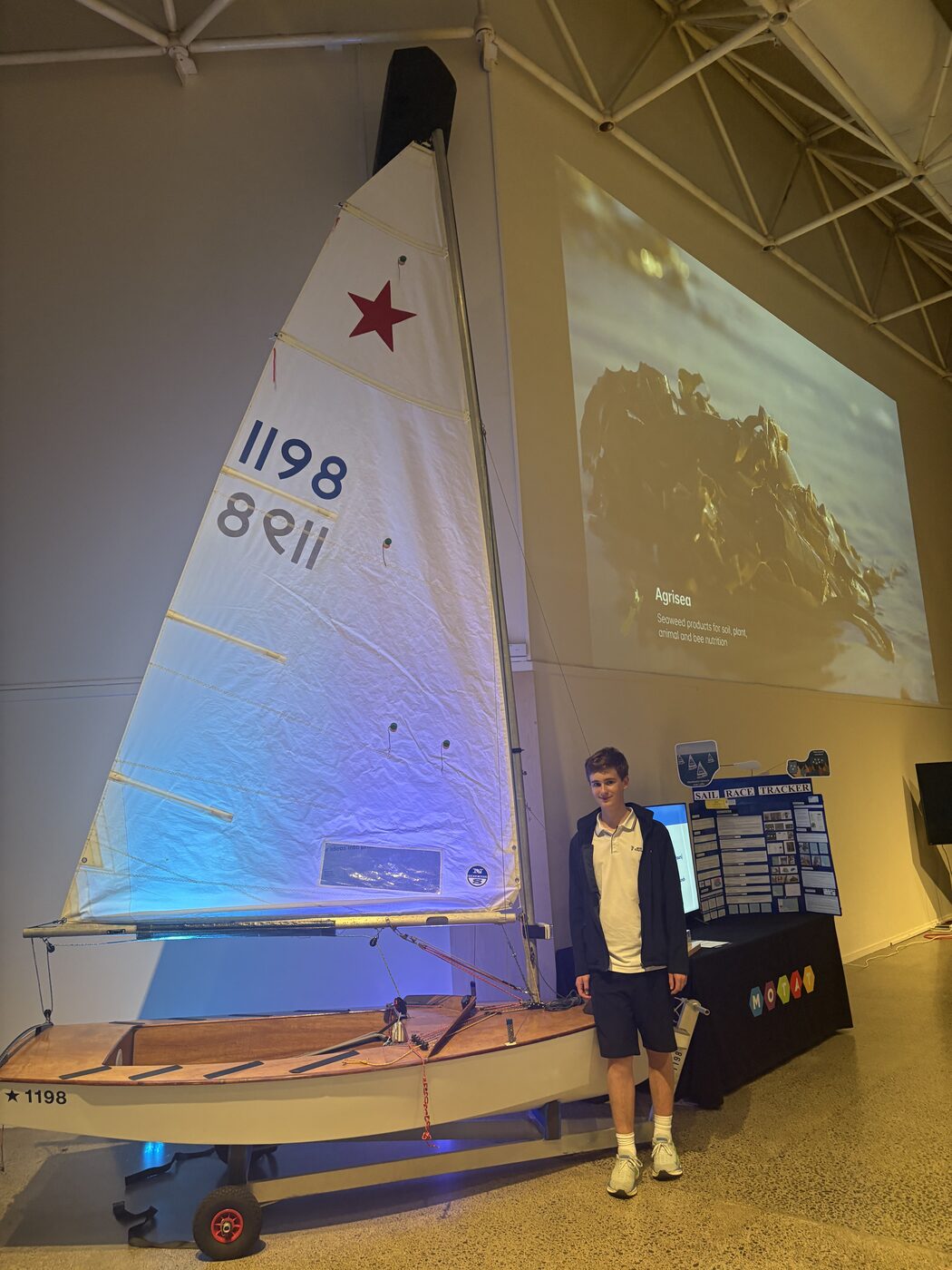 The Sail Race Tracker display at MOTAT with the Starling dinghy